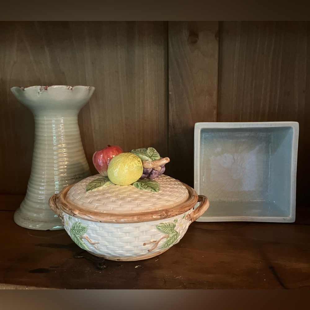 Fitz and Floyd Decorative Bowl with lid and Candle Holder Square Dish Set of 3